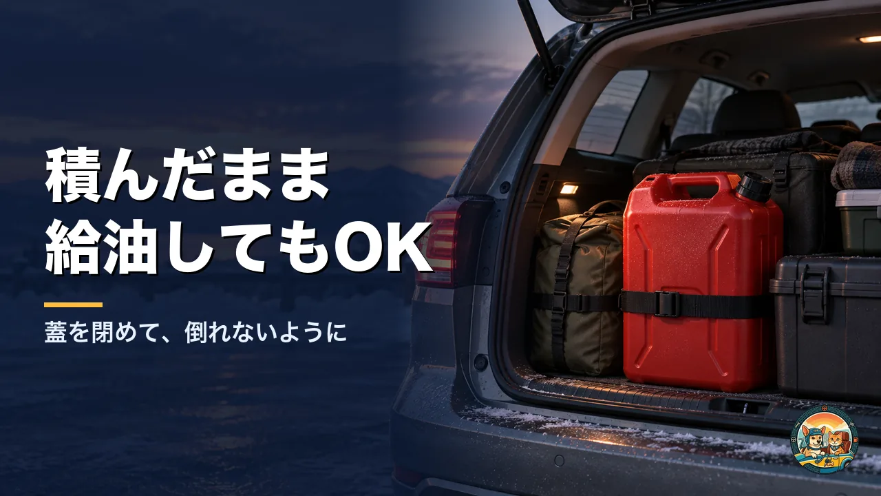 車のラゲッジに立てて積まれた赤い灯油用ポリタンク。荷物で挟んで倒れないようにしてある