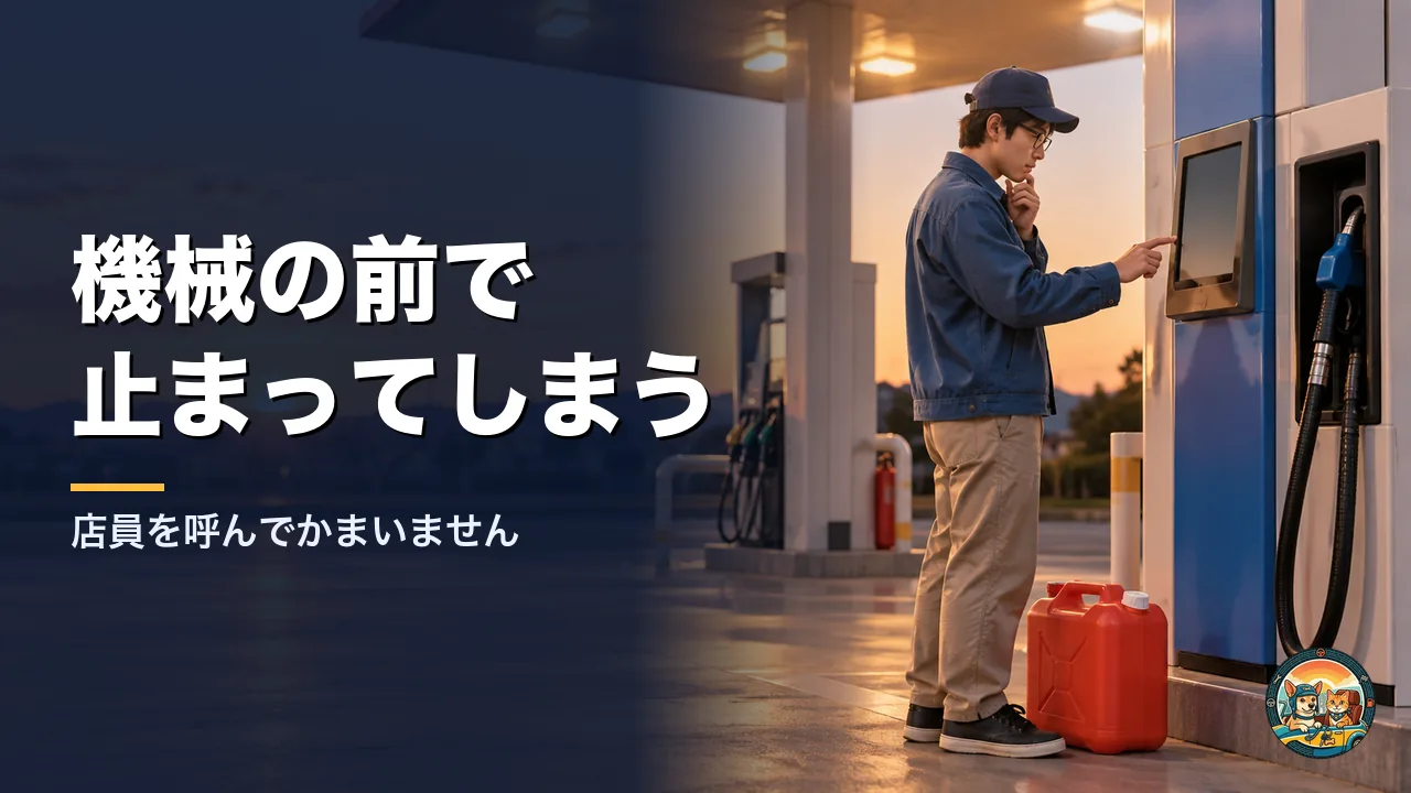 セルフのスタンドで灯油の計量器の画面の前に立ち、操作に迷っている人。足元に赤いポリタンクがある