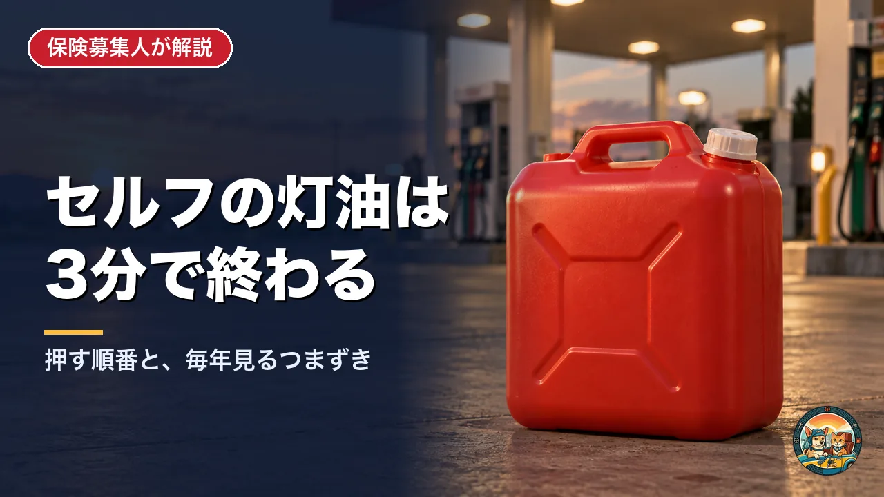 夕暮れのセルフのガソリンスタンドに置かれた赤い灯油用ポリタンク