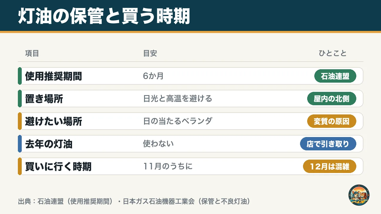灯油の保管と買う時期の図。使用推奨期間6か月、日光と高温を避ける、去年の灯油は使わない、11月のうちに買う