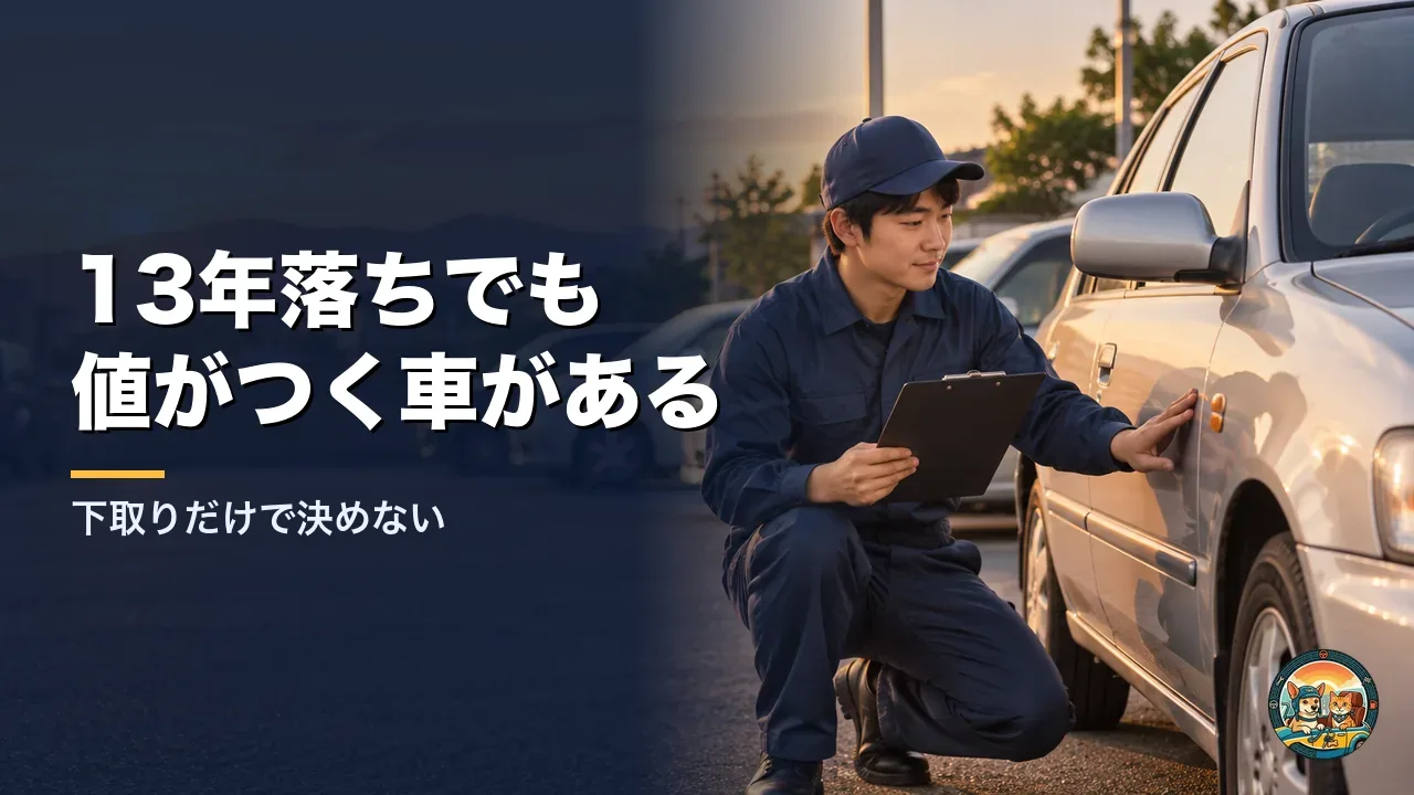 中古車の買取店で、作業着のスタッフがクリップボードを持って銀色のセダンの状態を確かめている場面