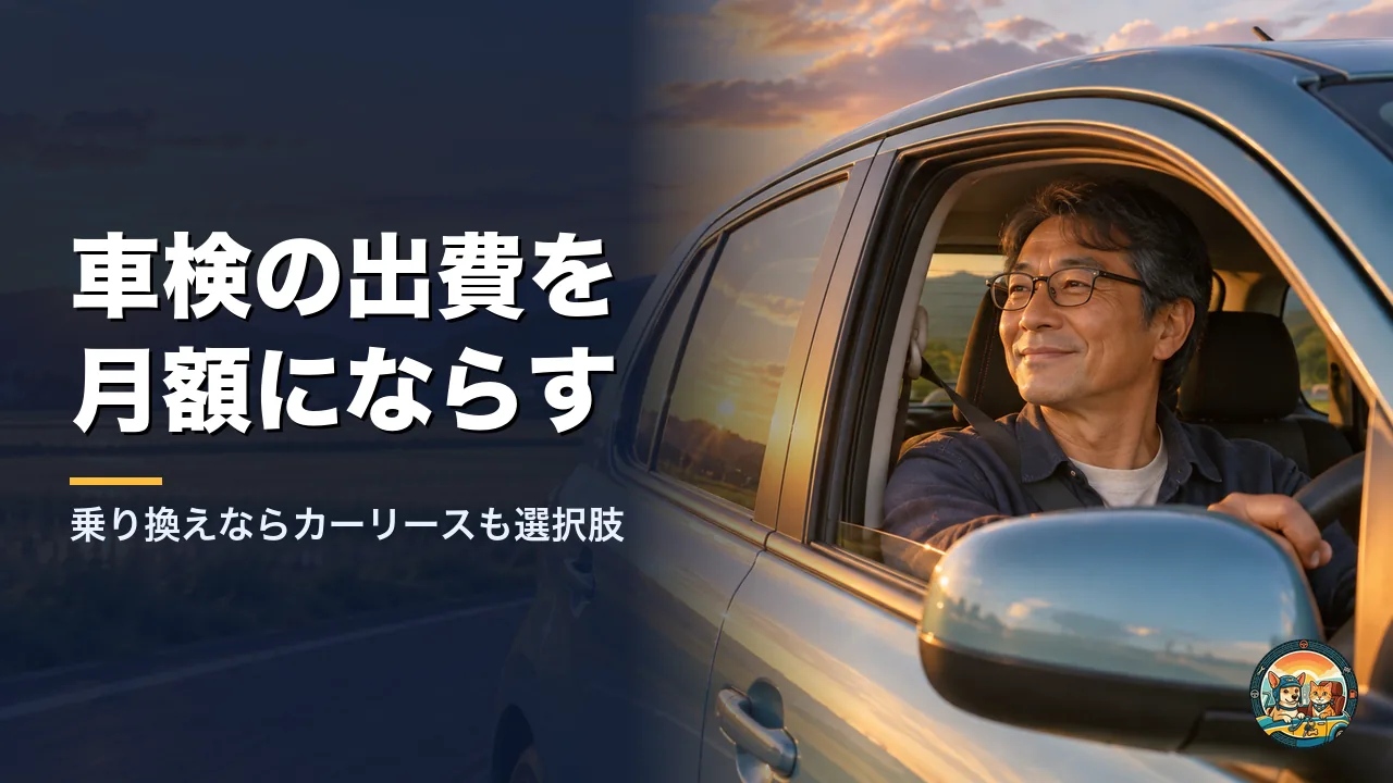 夕暮れの田園の道で、新しい車を運転しながら笑顔を見せる50代の男性