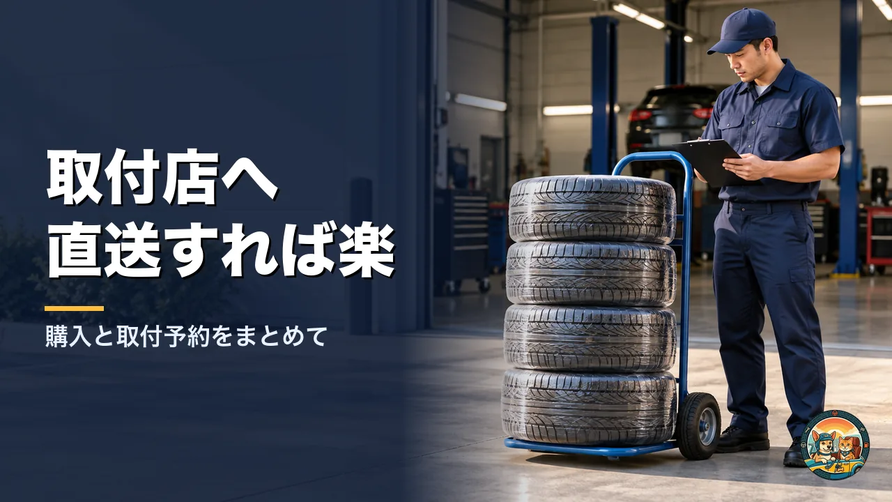 取付店の入口に届いた新品タイヤ4本を台車に載せ、整備士がクリップボードで確認している