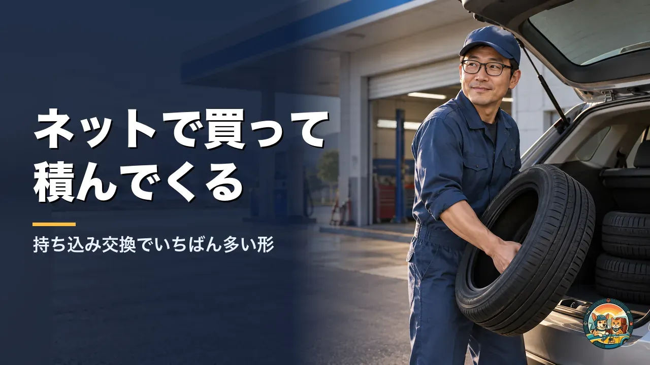 ガソリンスタンドの前で、車のトランクから新品のタイヤを降ろす男性。荷室にはまだタイヤが積まれている