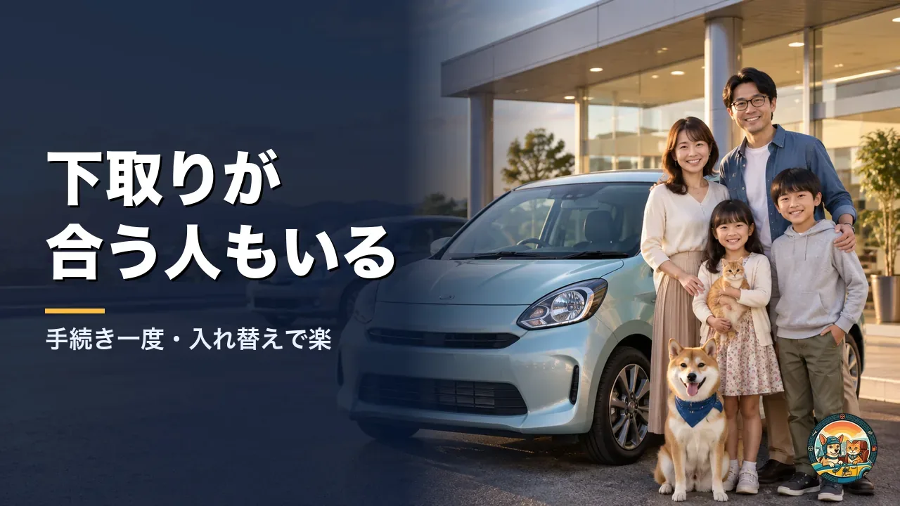 新しい車の前で笑顔で並ぶ家族と犬と猫。後ろにはこれまで乗っていた車が止まっている