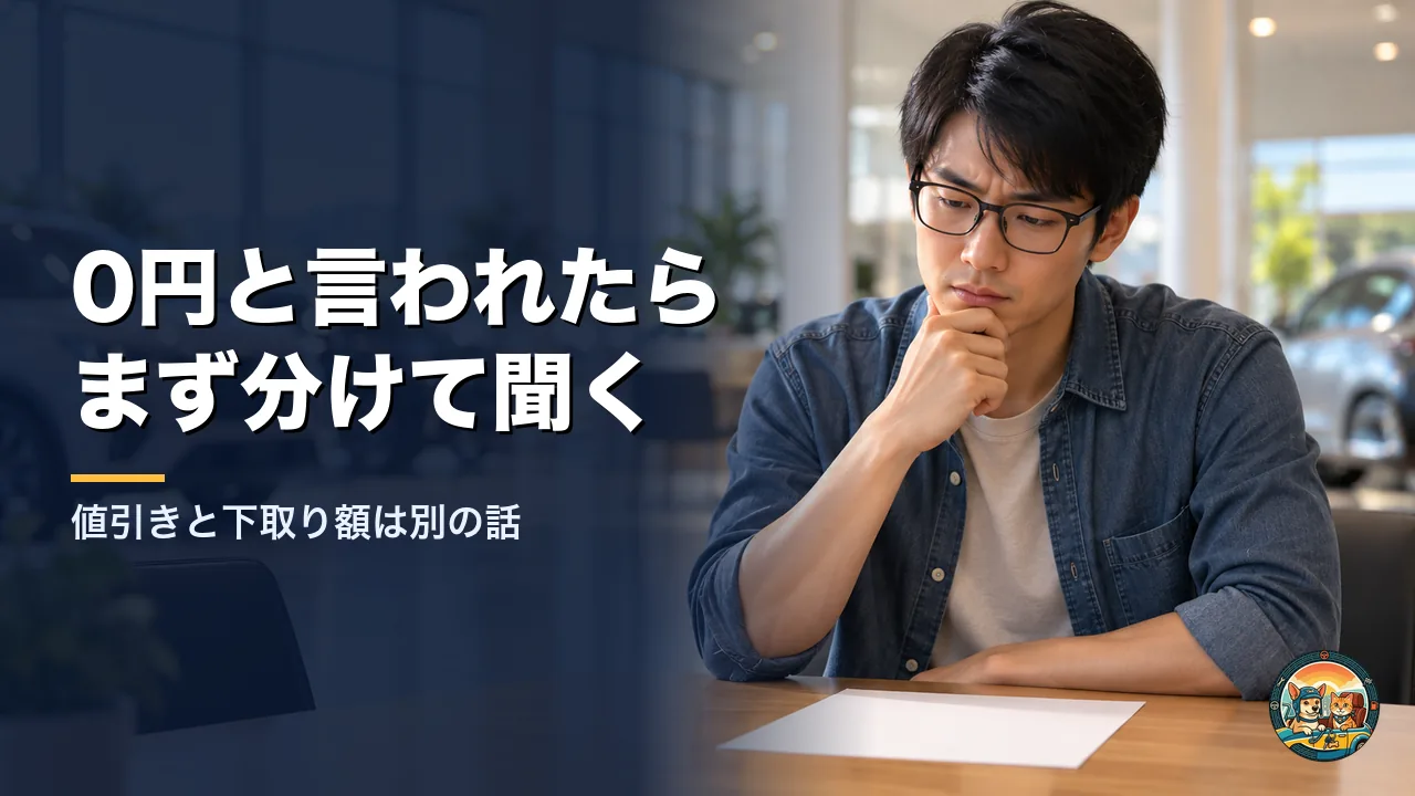 ディーラーの商談テーブルで、見積もりの紙を前に考え込むお客さん