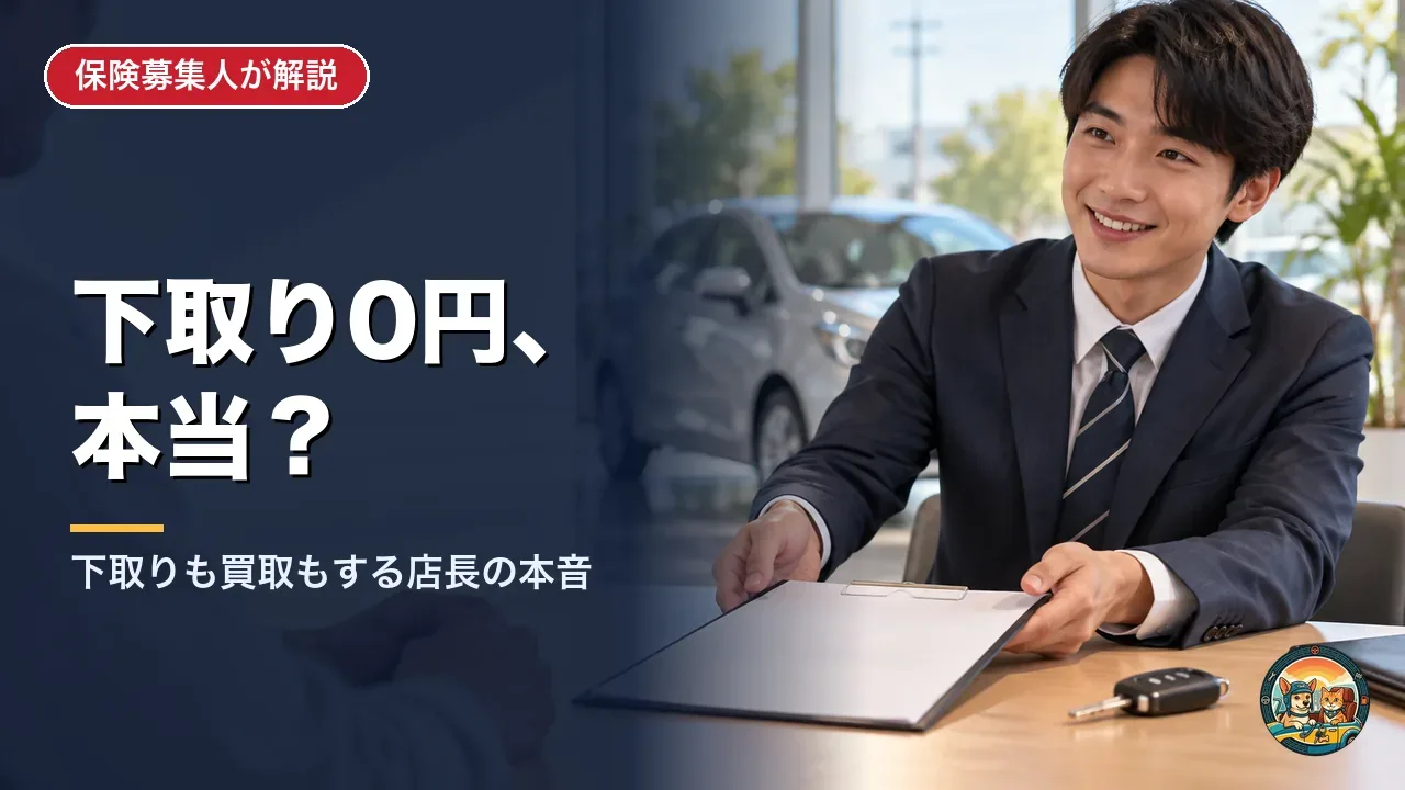 ディーラーの商談テーブルで、営業担当者が白紙の見積もりをお客さんに差し出している場面