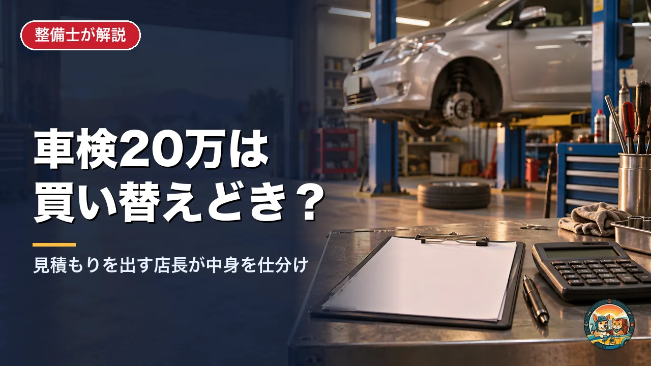 整備工場の作業台に白紙のクリップボードと電卓が置かれ、奥でリフトに上がった車のタイヤが外されている