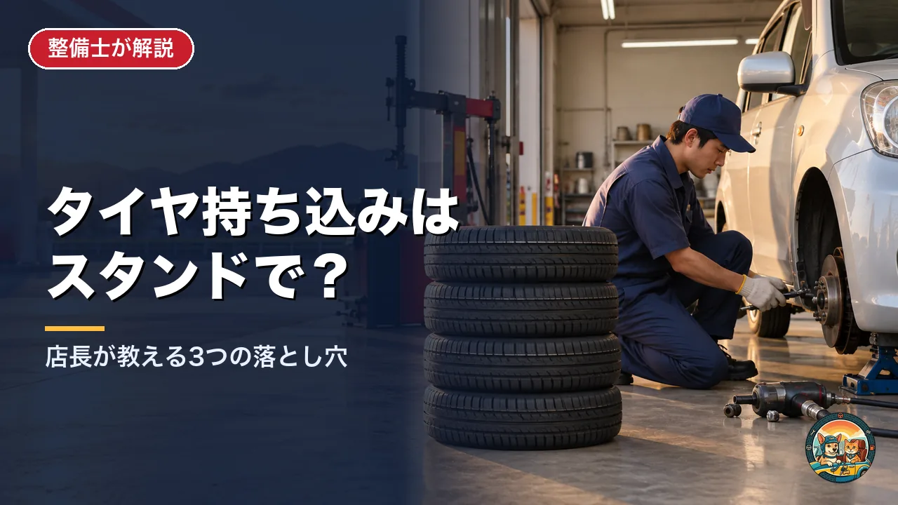 ガソリンスタンドの作業場で、新品タイヤ4本を横に置いて整備士が車のタイヤを交換している
