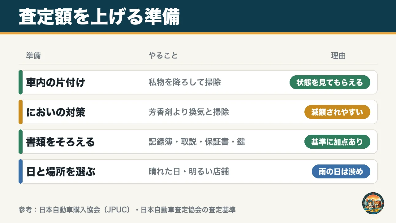 査定額を上げる準備の図。車内の片付け、においの対策、書類をそろえる、晴れた日に明るい店舗で査定を受ける