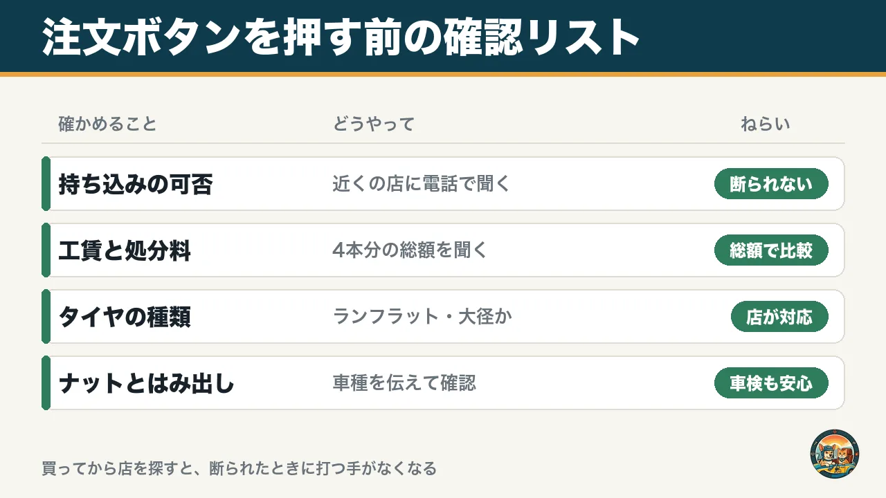 注文ボタンを押す前の確認リストの図。持ち込みの可否、工賃と処分料、タイヤの種類、ナットとはみ出しを確かめる