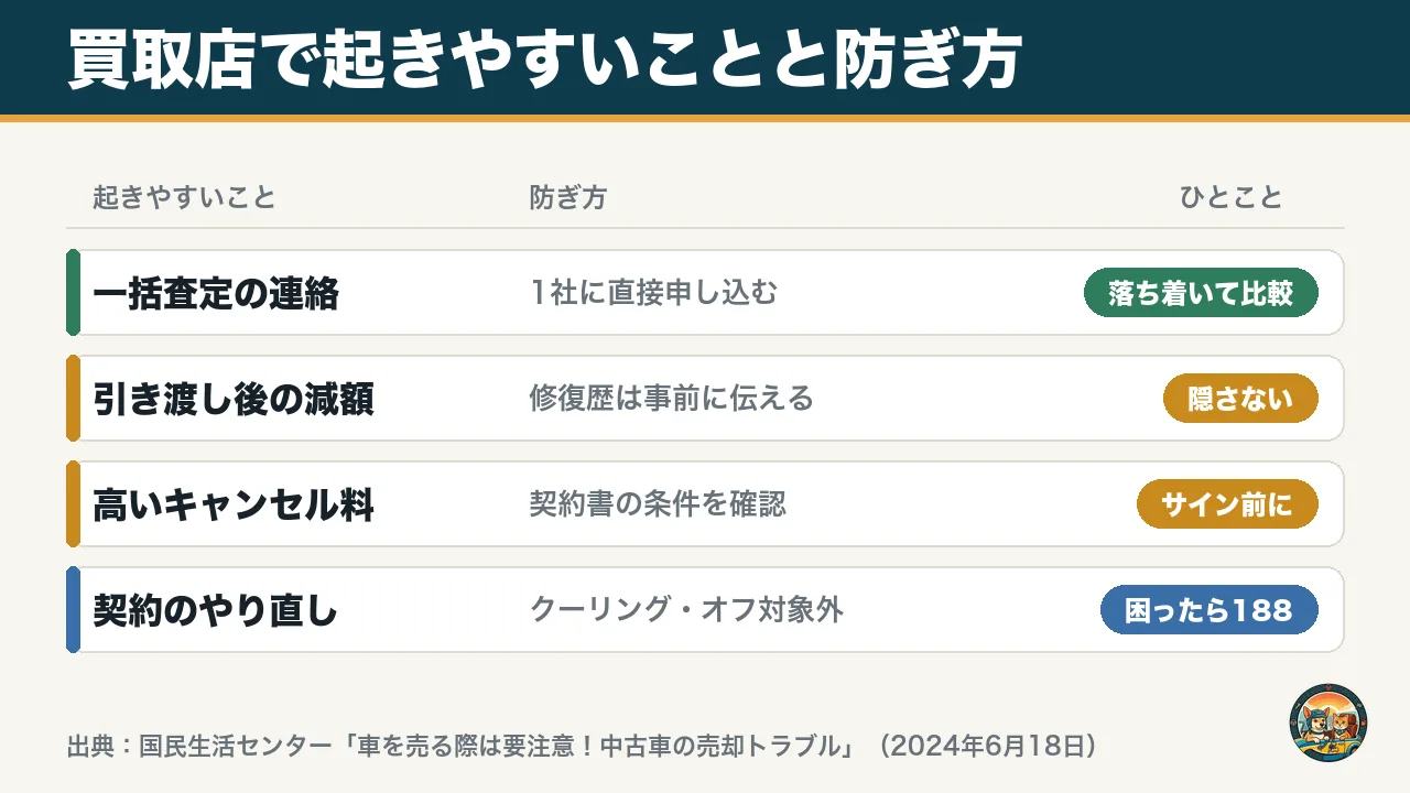 買取店で起きやすいことと防ぎ方の図。一括査定の連絡、引き渡し後の減額、高いキャンセル料、クーリング・オフの対象外