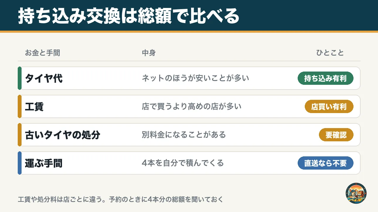 持ち込み交換は総額で比べる図。タイヤ代はネットが安いことが多く、工賃は店で買うより高めの店が多い。古いタイヤの処分料と運ぶ手間も確認