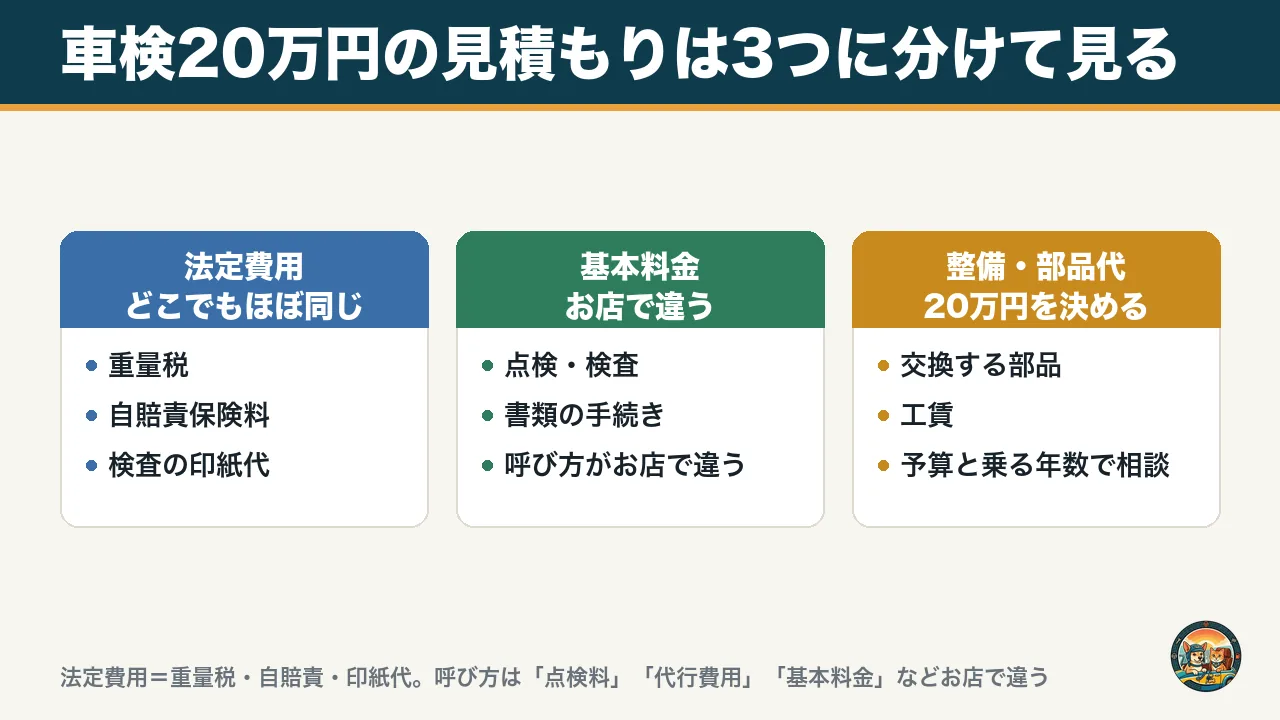 車検20万円の見積もりを3つに分ける図。法定費用はどこでもほぼ同じ、基本料金はお店で違う、整備・部品代が20万円を決める