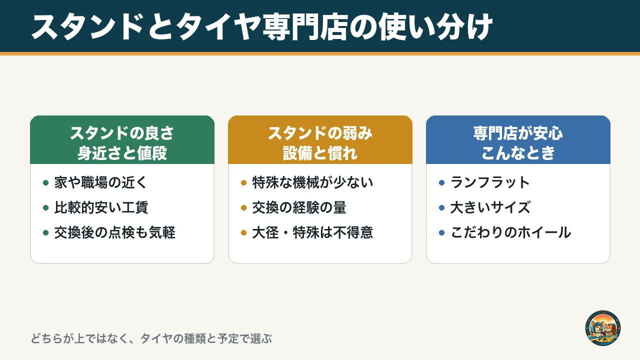 スタンドとタイヤ専門店の使い分けの図。スタンドは近くて比較的安い、弱みは設備と慣れ、ランフラットや大きいサイズは専門店が安心