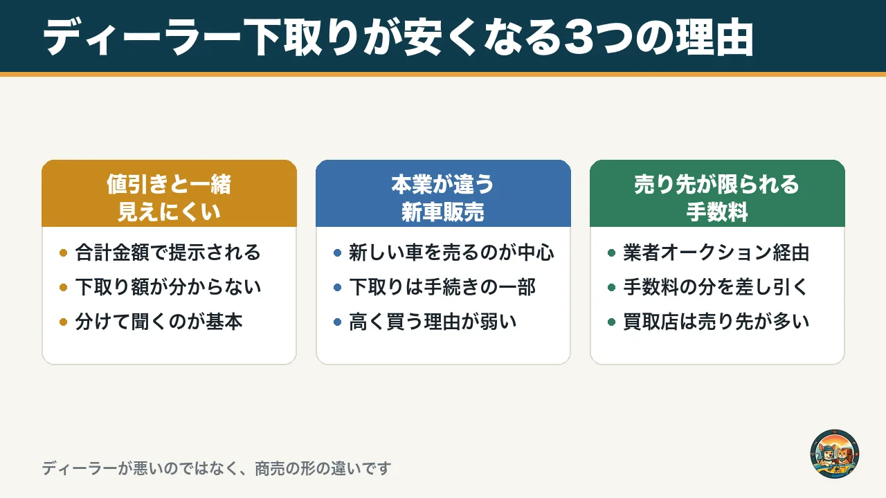 ディーラー下取りが安くなる3つの理由の図。値引きとまとめて提示される、本業が新車販売、売り先が限られる