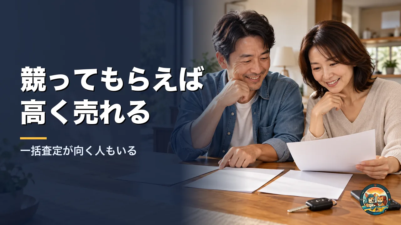 自宅のテーブルで何枚かの査定の紙を見比べて笑顔になる夫婦