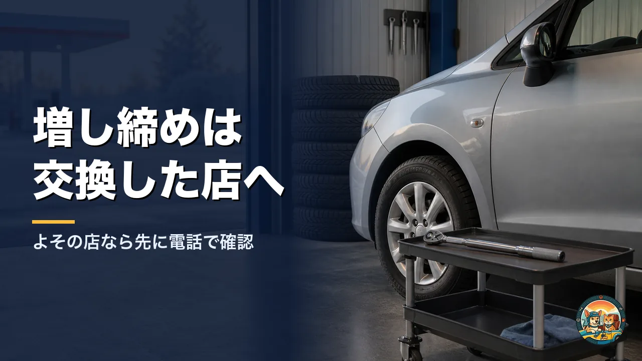 ガソリンスタンドの作業場に止めた車の前輪と、台車に置いたトルクレンチ。奥に冬タイヤが積まれ、外は霜の降りた朝
