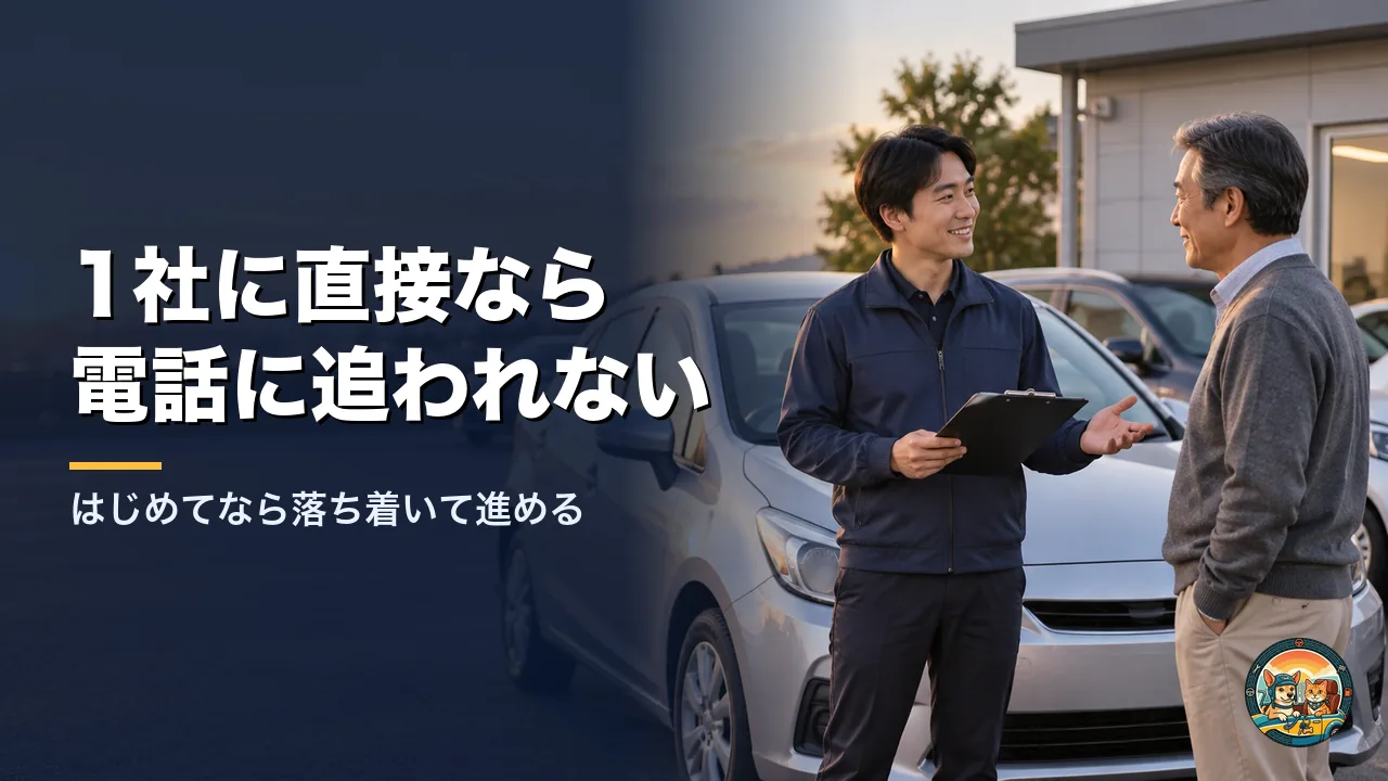 中古車の店先で、買取店の担当者1人と落ち着いて話す50代の男性