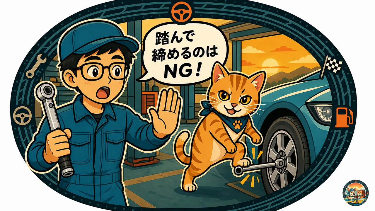 猫のテトが車のホイールナットにかけたレンチを足で踏んで締めようとし、テンチョーが「踏んで締めるのはNG!」と止めているイラスト