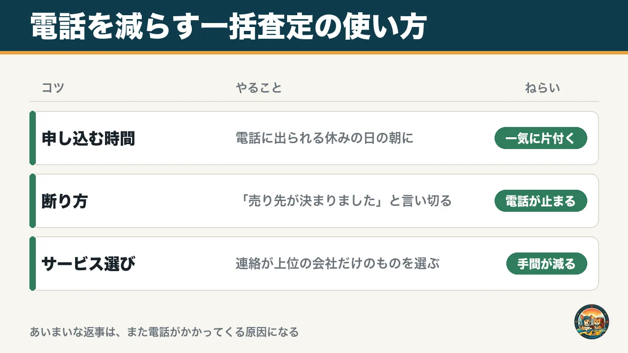 電話を減らす一括査定の使い方の図。休みの日の朝に申し込む、売り先が決まったと言い切る、連絡が上位の会社だけのサービスを選ぶ
