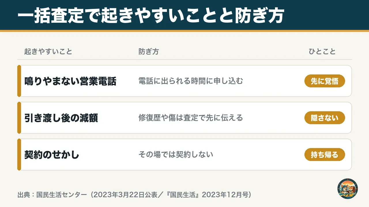 一括査定で起きやすいことと防ぎ方の図。営業電話は出られる時間に申し込む、引き渡し後の減額は修復歴を先に伝える、契約のせかしはその場で契約しない