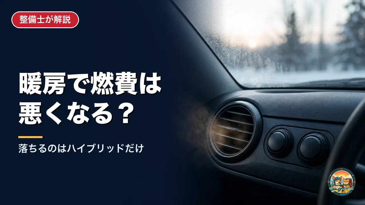 冬の朝の車内。ダッシュボードの送風口から暖かい空気が出ていて、窓の外は雪景色。暖房で燃費は悪くなるのか、落ちるのはハイブリッドだけ、という記事のアイキャッチ