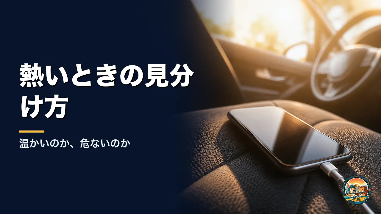 夏の強い日差しが差し込む車内で、シートの上に置かれたiPhoneと充電ケーブルのコネクタ。熱いときの見分け方