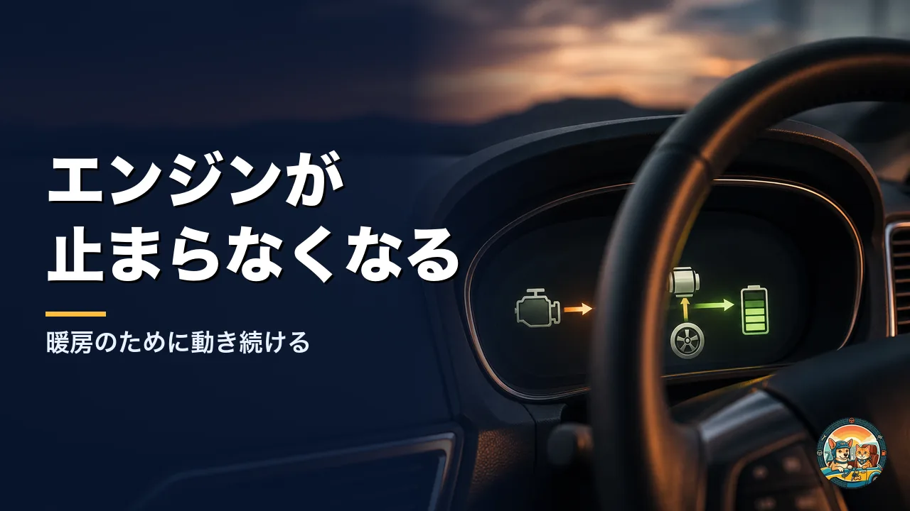 ハイブリッド車のメーターに表示されたエネルギーの流れ。暖房のためにエンジンが止まらなくなり動き続ける