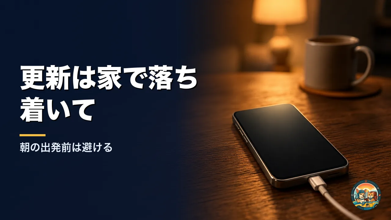 iOS 27に更新する前の準備。朝の出発前は避けて、家で充電しながら落ち着いて更新する