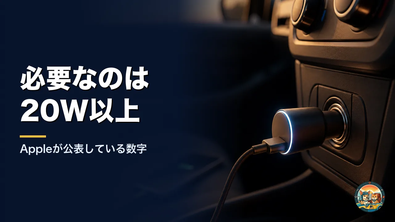 車のシガーソケットに挿さったコンパクトな充電器。iPhoneの高速充電に必要なのは20W以上というAppleが公表している数字