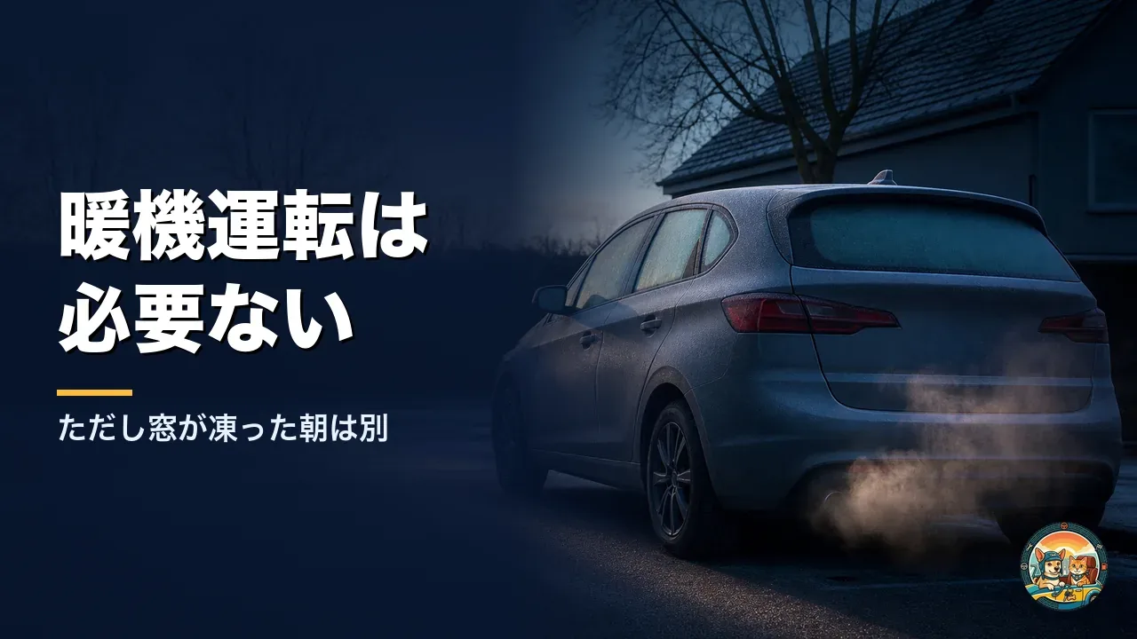 霜が降りた冬の早朝、駐車場で白い排気を出しながら停まっている車。暖機運転は必要ないが、窓が凍った朝は別