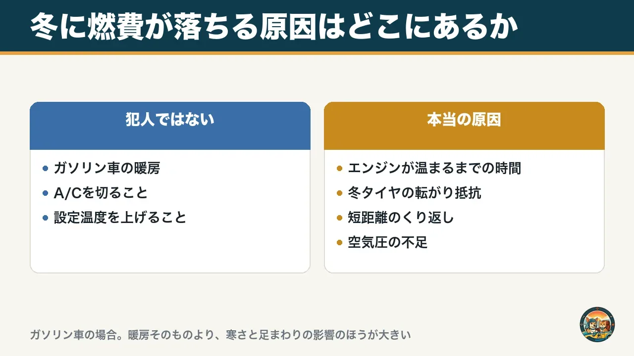 冬に燃費が落ちる原因の仕分け。犯人ではないのはガソリン車の暖房とA/Cを切ることと設定温度、本当の原因はエンジンが温まるまでの時間と冬タイヤの転がり抵抗と短距離のくり返しと空気圧の不足