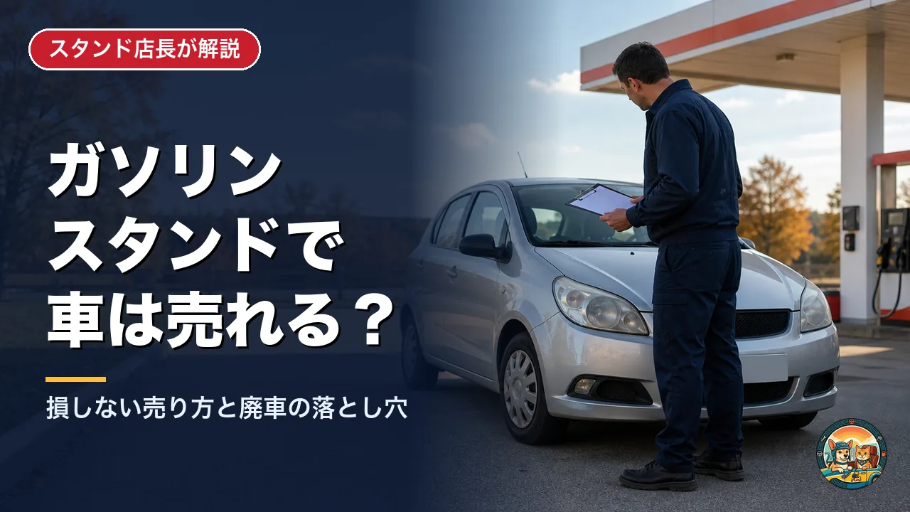 ガソリンスタンドの前で、整備士がクリップボードを手に銀色の中古車を確認している