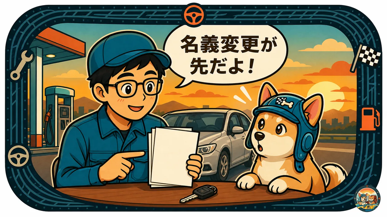 テンチョーが書類を指さして「名義変更が先だよ！」と話し、柴犬のノアが驚いて聞いているイラスト