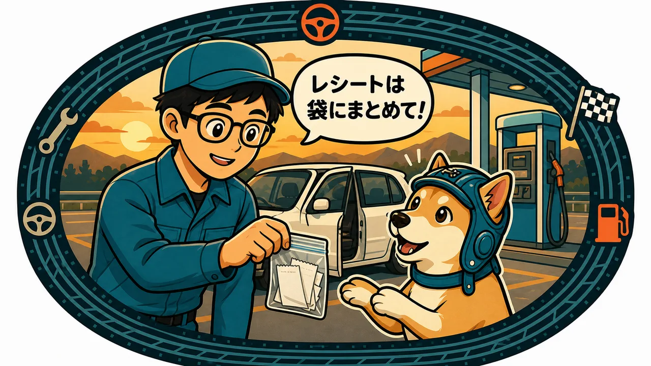 テンチョーがレシートを入れた透明の袋を柴犬のノアに手渡し「レシートは袋にまとめて!」と話しているイラスト