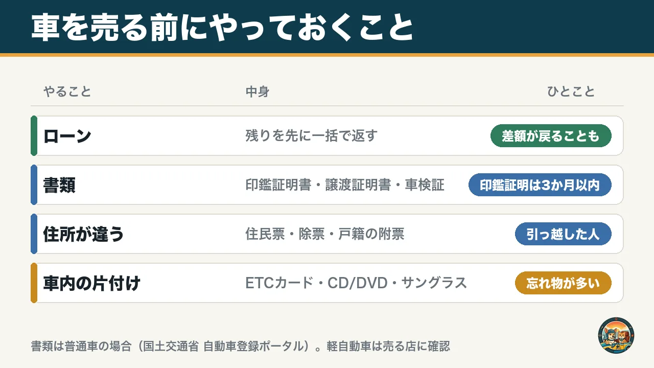 車を売る前にやっておくことの図。ローンの完済、印鑑証明書などの書類、住所が違う場合の住民票、車内の片付け