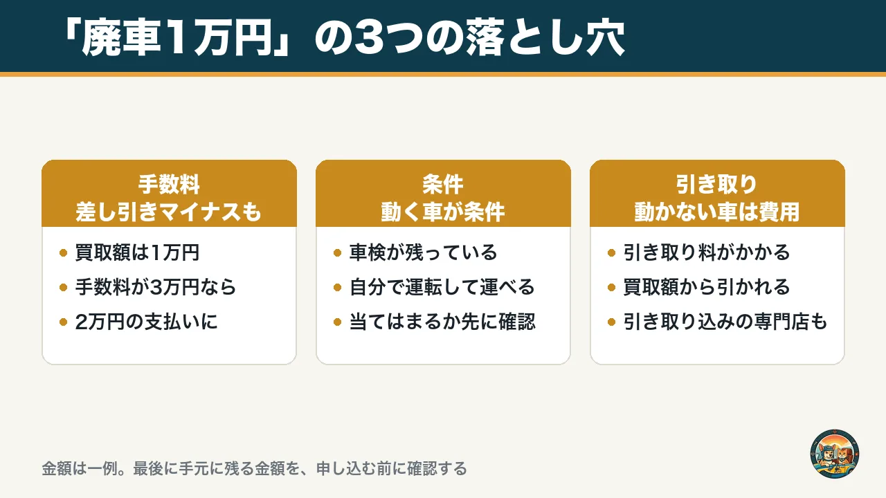 廃車1万円の3つの落とし穴の図。手数料で差し引きマイナスになる例、動く車が条件のこと、動かない車は引き取り料がかかること