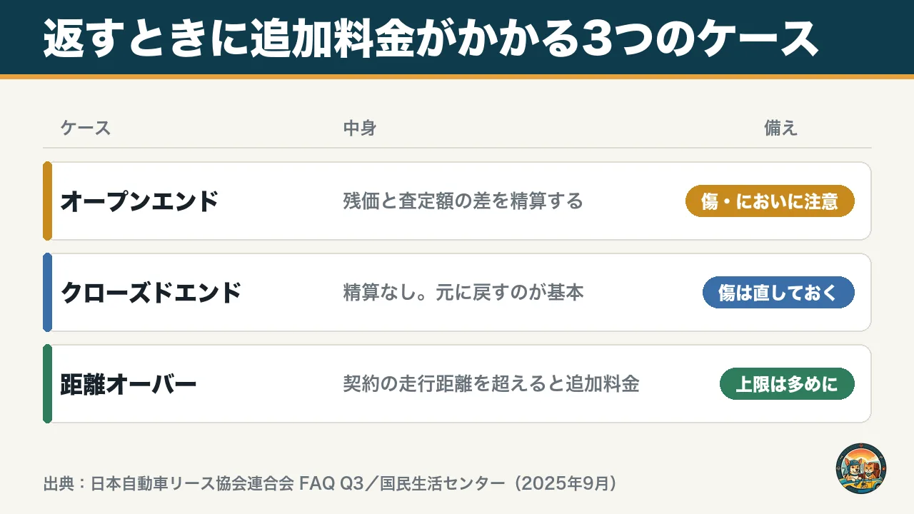 カーリースを返すときに追加料金がかかる3つのケースの図。オープンエンドの残価精算、クローズドエンドの原状回復、走行距離オーバー