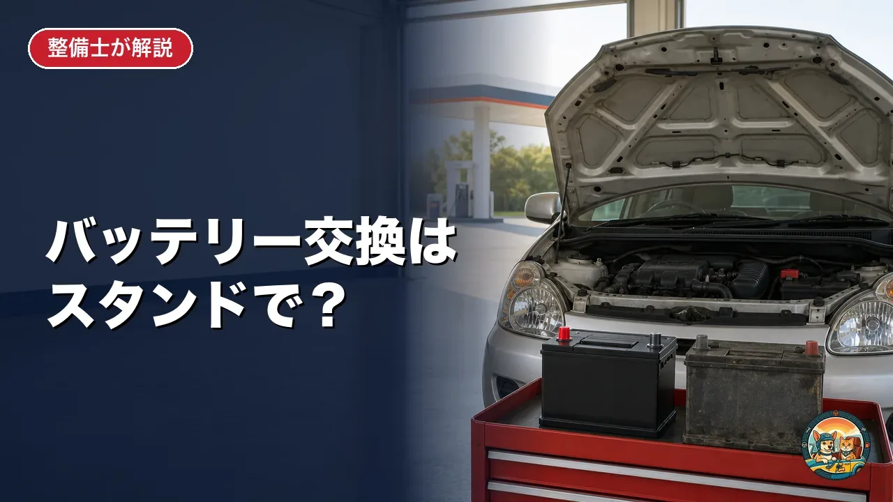 ガソリンスタンドの整備ピットで、ボンネットを開けた車の前の工具カートに新しいバッテリーと古いバッテリーが並んでいる