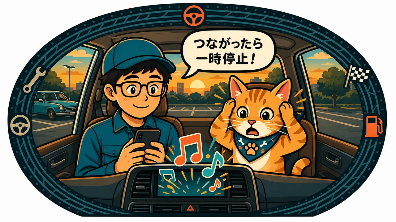 駐車場に止めた車の中で、テンチョーがスマホを持って「つながったら一時停止!」と話し、画面から飛び出す音符にテトが耳をふさいでいるイラスト