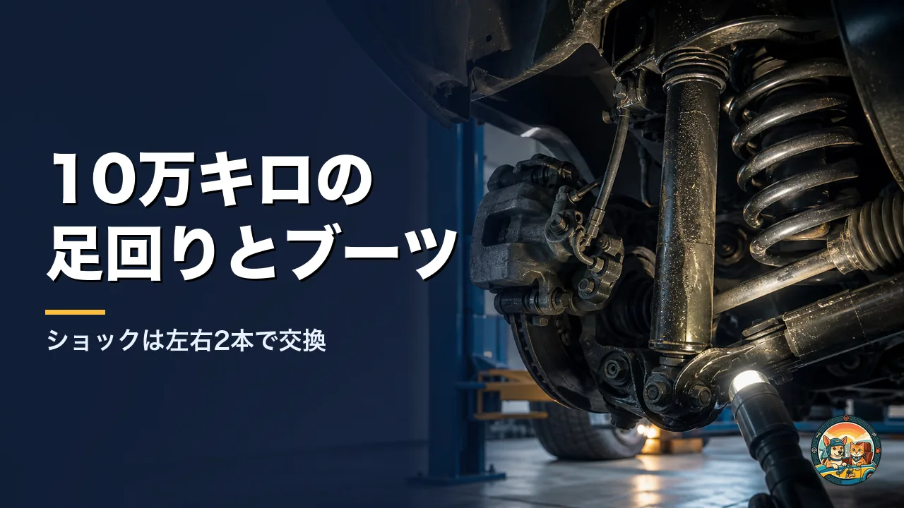 リフトで持ち上げた車の前輪の奥にあるショックアブソーバーを、整備士がライトで照らして点検している