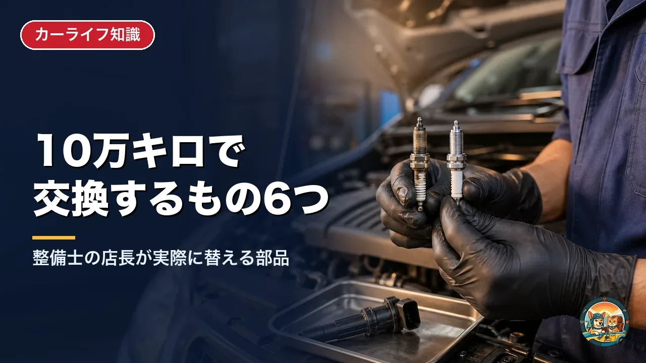 整備工場でボンネットを開けた車の前で、整備士が使い古したスパークプラグと新しいスパークプラグを並べて持ち、トレーにイグニッションコイルが置かれている