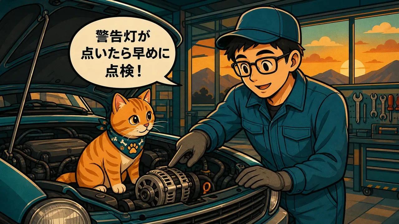 ボンネットを開けた車のオルタネーターを指さして、テンチョーが「警告灯が点いたら早めに点検!」とテトに教えているイラスト