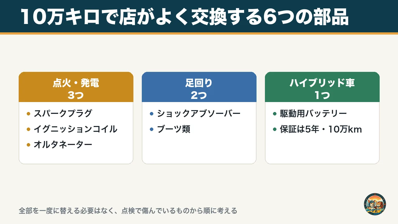 10万キロで店がよく交換する6つの部品の図。点火・発電のスパークプラグ、イグニッションコイル、オルタネーター、足回りのショックアブソーバーとブーツ類、ハイブリッド車の駆動用バッテリー