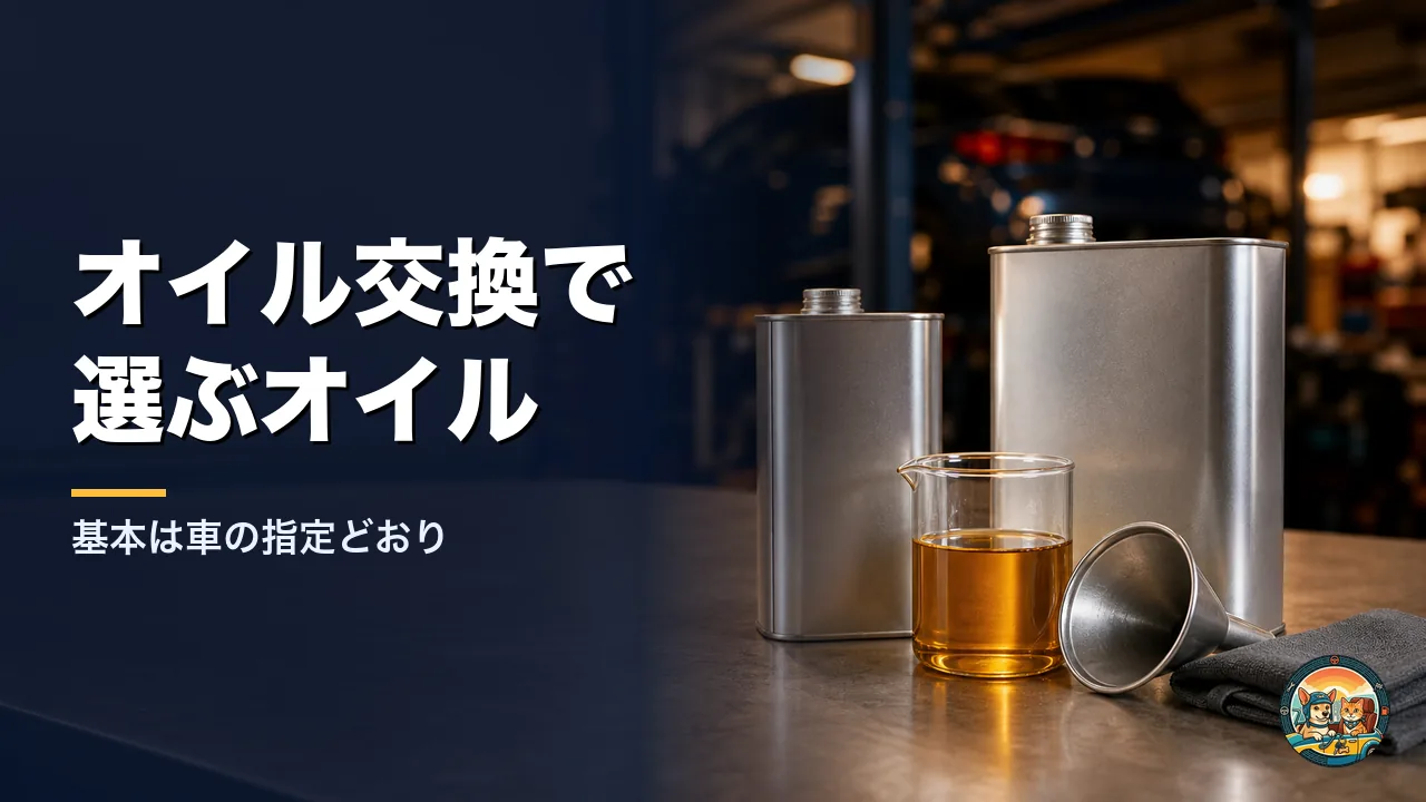 作業台にラベルのない大小2つのオイル缶と、金色のエンジンオイルが入ったビーカーが並んでいる