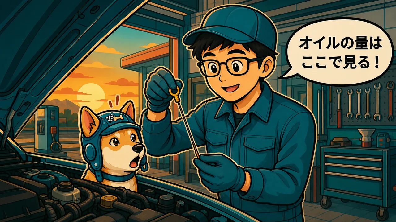 ボンネットを開けた車のオイルレベルゲージを抜いて、テンチョーが「オイルの量はここで見る!」と柴犬のノアに見せているイラスト