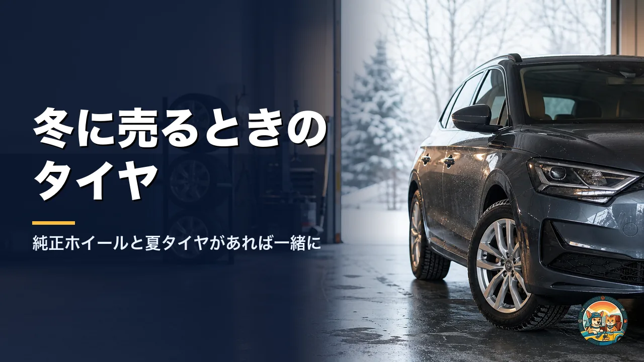 冬の整備工場で、スタッドレスタイヤを履いた車と、ラックに並んだ純正ホイール付きの夏タイヤ
