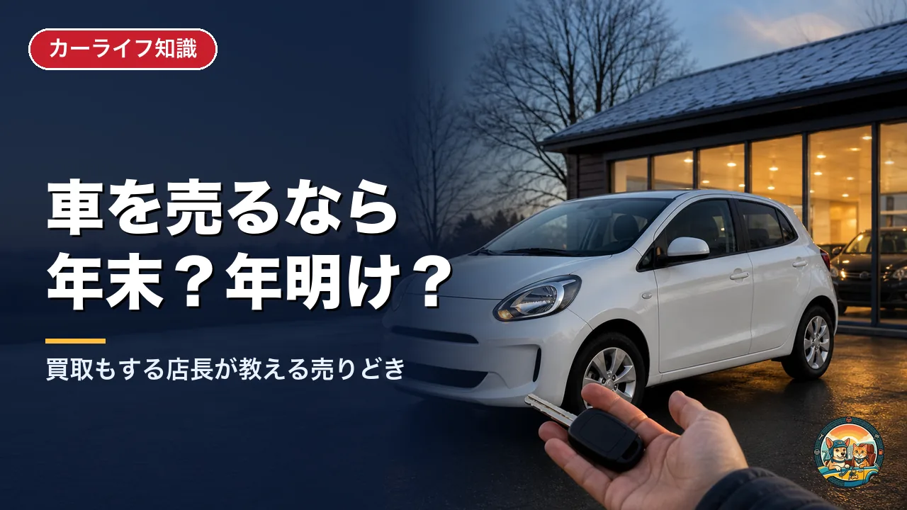 冬の夕方、販売店の前に止めた白いコンパクトカーと、車のキーを差し出す手