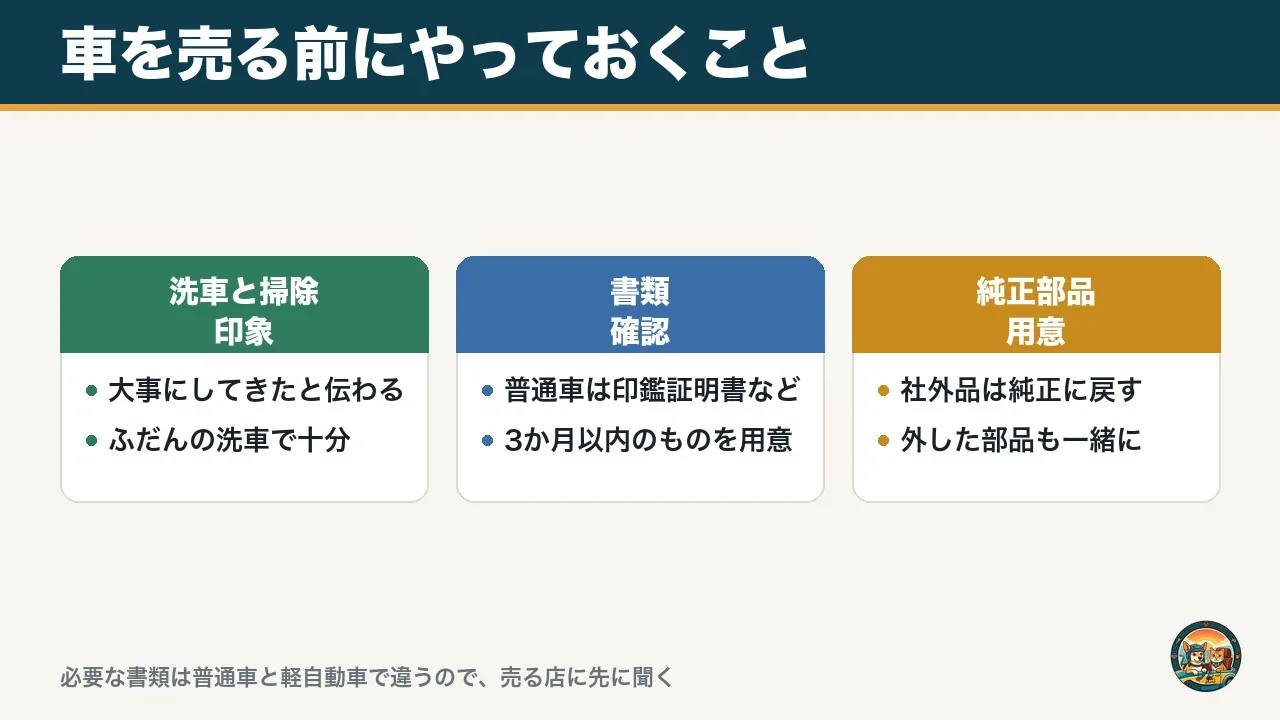 車を売る前にやっておくことの図。洗車と室内の掃除、書類の確認、純正部品の用意